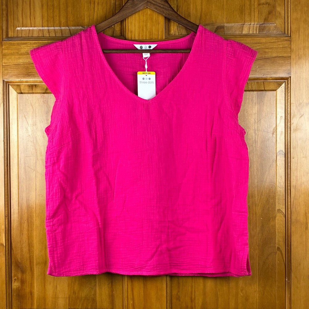Three Dots Fuchsia Pink Cotton Gauze V-Neck Cap Sleeve Top Womens M Barbie Boho